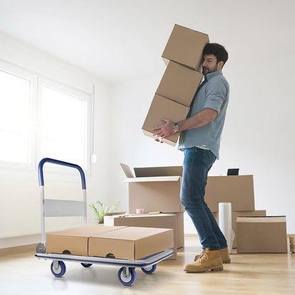 Heavy Duty Foldable Push Cart Dolly | 330 lbs. Capacity | Upgraded Collapsible Hand Truck Folding Platform with Swivel Wheels | Flat Bed Moving Wagon | Space Saving Push Handle (Blue)