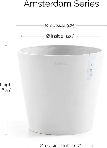 Ecopots Amsterdam Durable Modern Round Indoor/Outdoor Recycled-Based Composite Flower Pot Planter, Pure White, 10"