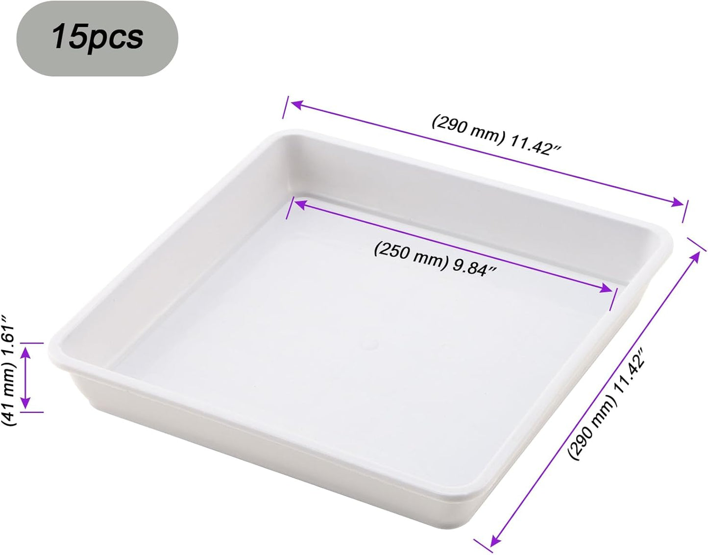 JOIKIT 15 PCS 11.4 x 11.4 Inch Square Plant Saucer, Plastic Plant Saucer Drip Tray, Square Flower Pot Tray for Indoors and Outdoor Plant Pots, 1.6 Inch Deep, White