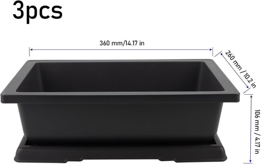 KINJOEK 3 PCS 14 Inch Plastic Bonsai Pots, Large Bonsai Training Pot with Drainage Trays, Rectangular Plant Bonsai Tree Pots for Garden, Indoor, Home Decorative