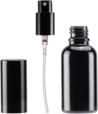 YIZHAO Black Glass Spray Bottles 1oz, with Small Fine Mist Spray, Metal Cap, Refillable for Essential Oil,Travel,Cleaning,Perfume,Aromatherapy,Makeup – 12 Pcs