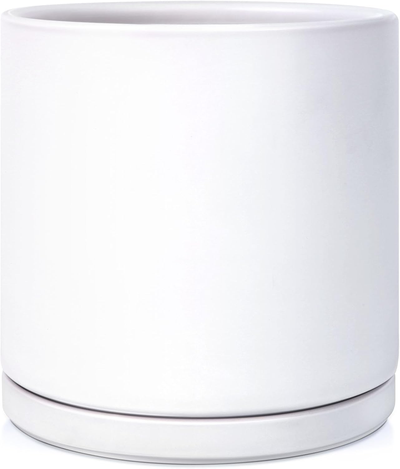 Kazeila Plant Pots Ceramic Planter for Indoor Outdoor Plants Flowers 10 Inch Matte White Large Cylinder Flower Pot with Saucer and Drainage Hole,Glazed Finish Interior and Exterior