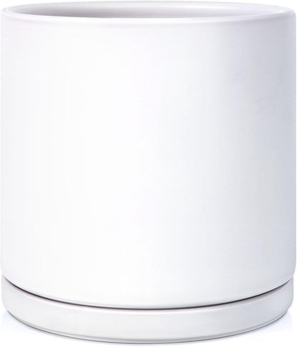 Kazeila Plant Pots Ceramic Planter for Indoor Outdoor Plants Flowers 10 Inch Matte White Large Cylinder Flower Pot with Saucer and Drainage Hole,Glazed Finish Interior and Exterior
