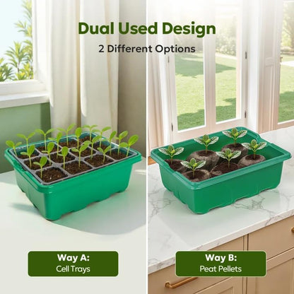 MIXC Seed Starter Kit with Grow Light, Elevated Seedling Tray Kit with Adjustable Humidity Dome and Clear Cell Tray, 12 Full Spectrum Led Beads for Seed Starting Greenhouse, 6 Pack, Green