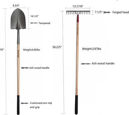 KYLIN 6-Piece Pro Long Ash Handle Garden Tools Set for Landscaping Agricture or Backyard,14-Gauge Shovels,Forged Rakes,Forged Weeding Hoe Sidewalk Scraper,