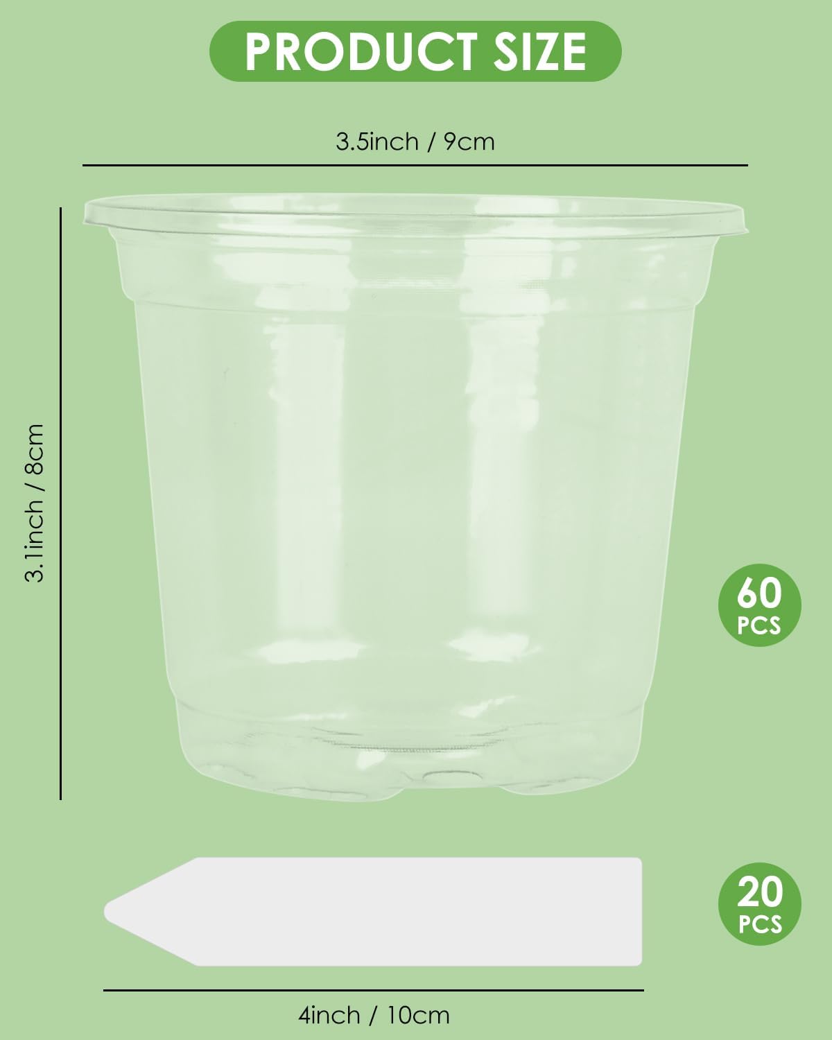 PACETAP 60Pack 3.5 Inch Reinforced Clear Nursery Pots with Drainage Holes, Variety Pack Plastic Plant Pots with 20 Plant Labels for Indoor Outdoor Flower Seed Starter