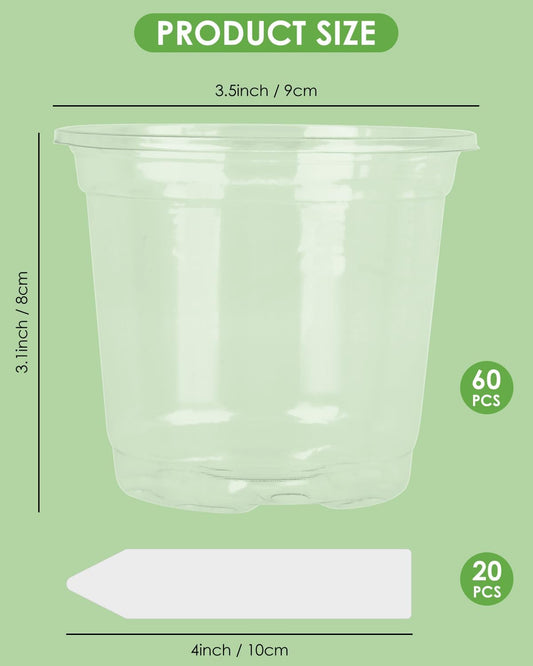 PACETAP 60Pack 3.5 Inch Reinforced Clear Nursery Pots with Drainage Holes, Variety Pack Plastic Plant Pots with 20 Plant Labels for Indoor Outdoor Flower Seed Starter