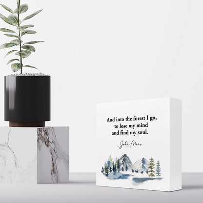 And into the Forest I Go to Lose My Mind and Find My Soul Wood Box Sign Desk Decor,Inspirational Wooden Block Plaque Sign for Home Office Shelf Table Desk Decorations