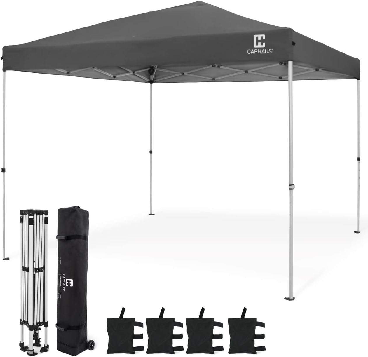 CAPHAUS 12ft x 12ft Patented One-Push Pop Up Outdoor Canopy Tent, Heavy-Duty Commercial Grade w/Central Lock, Portable and Instant Folding Shelter with Wheeled Carry Bag and Weight Bag, Dark Grey