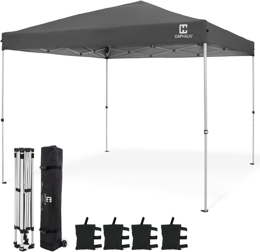CAPHAUS Patented One-Push Pop Up Outdoor Canopy Tent, Heavy-Duty Commercial Grade w/Central Lock, Portable and Instant Folding Shelter with Wheeled Carry Bag and Weight Bag, 10ft x 10ft, Dark Grey