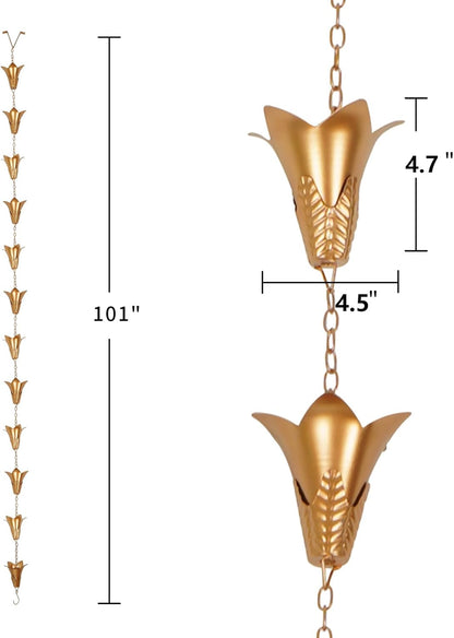 Topadorn Rain Chain Iron Gutter Chains with 12 Rain Collector Thick Iron Flower Cups Garden Decoration, 8.5 FT Rain Chain for Outdoor Ornament, Replacement for Downspout
