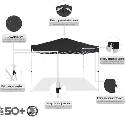 10x10 Pop Up Canopy,Event Tent – One-Person Setup, Waterproof & UV-Blocking, Heavy-Duty Steel Frame, Wheeled Bag & Sandbags – Outdoor Shade for Beach, Camping, Backyard, Tailgate (Black)