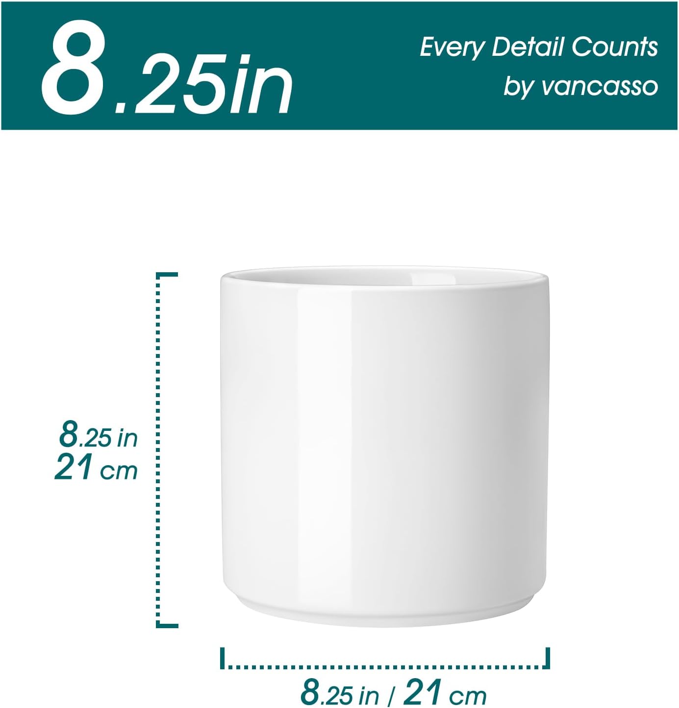 vancasso 8 Inch Ceramic Pot for Plants, Round Outdoor Indoor Planter Pots with Drainage Holes, White