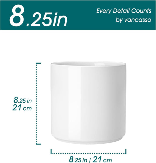 vancasso 8 Inch Ceramic Pot for Plants, Round Outdoor Indoor Planter Pots with Drainage Holes, White