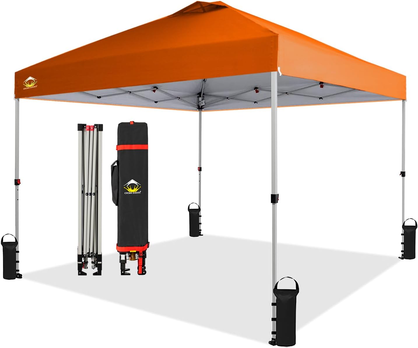 CROWN SHADES 10x10 Pop Up Canopy - Beach Tent with One Push Setup - Easy Outdoor Sun Shade for Events, Parties, Camping - Gazebo with STO-N-Go Cover Bag, Silver Coated Top, Orange