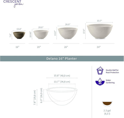 Crescent Garden Delano Bowl Planter, Indoor Outdoor Round Shallow Plant Pot for Water Garden, Bonsai Plant Pots, Succulents with Drain Hole - Double Walled Bowl Lotus Pot, 16" W (Midnight)