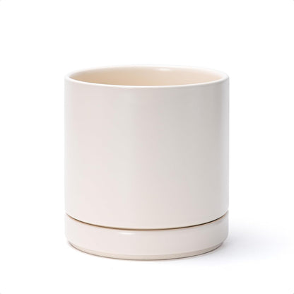 D'vine Dev 6.5 Inch Ceramic Planter Pot with Drainage Hole and Saucer, Indoor Cylinder Round Planter Pot, Oatmeal, 94-O-C-8