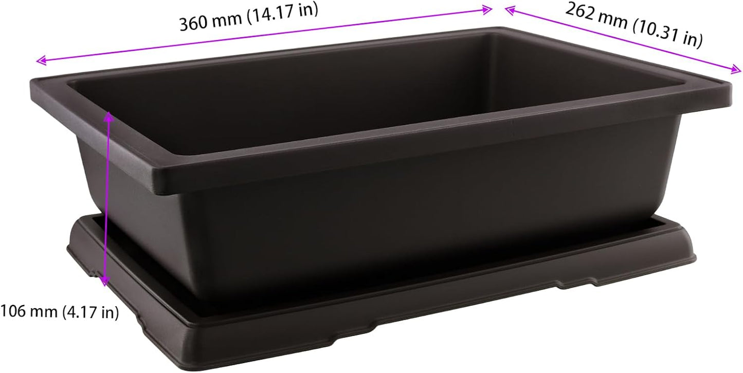 2 PCS 14 Inches Plastic Bonsai Training Pots, Rectangular Bonsai Tree Pots with Trays, Large Plastic Bonsai Container for Indoor, Outdoor