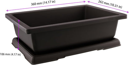 2 PCS 14 Inches Plastic Bonsai Training Pots, Rectangular Bonsai Tree Pots with Trays, Large Plastic Bonsai Container for Indoor, Outdoor
