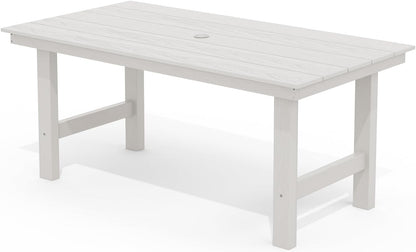 SERWALL HDPE Outdoor Dining Table for 6, 67" Rectangle Patio Dining Table with Umbrella Hole, White
