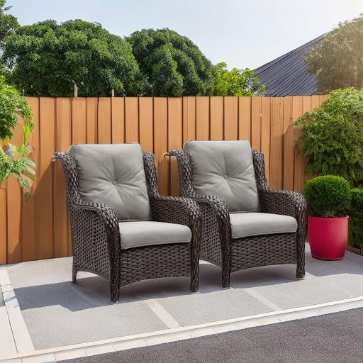 Rilyson Outdoor Wicker Patio Chairs Set of 2: Rattan Dining and Porch Chairs with High Back and Deep Seating (Brown/Grey)