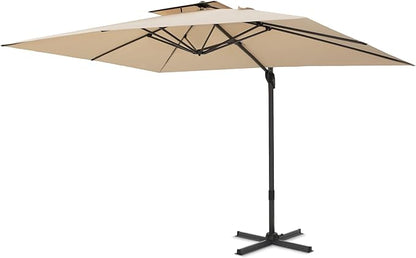PHI VILLA 10'x 13' Cantilever Patio Umbrella, Outdoor Rectangle Large Umbrellas with Hydraulic Lift and 360°Rotation, Beige