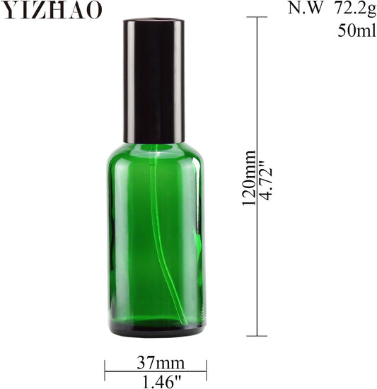 YIZHAO Green Glass Spray Bottles 2oz, with Small Fine Mist Spray, Metal Cap, Refillable for Essential Oil,Travel,Cleaning,Perfume,Aromatherapy,Makeup – 12 Pcs