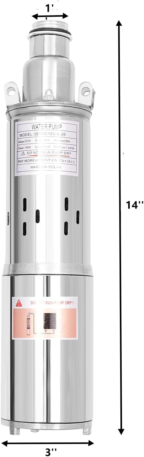 Deep Well Submersible Pump DC 12V 180W Electric Solar Powered Water Pump, 5.3 GPM Flow, 82ft Lift, Farm Ranch Irrigation Submersible Bore Hole Deep Well Pump