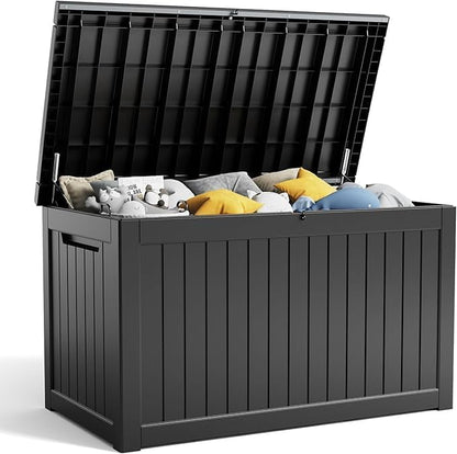 230 Gallon Resin Deck Box, Lockable Patio Outdoor Storage Box for Furniture, Garden Tools and Tools Storage, Waterproof Outside Storage Boxes - Black