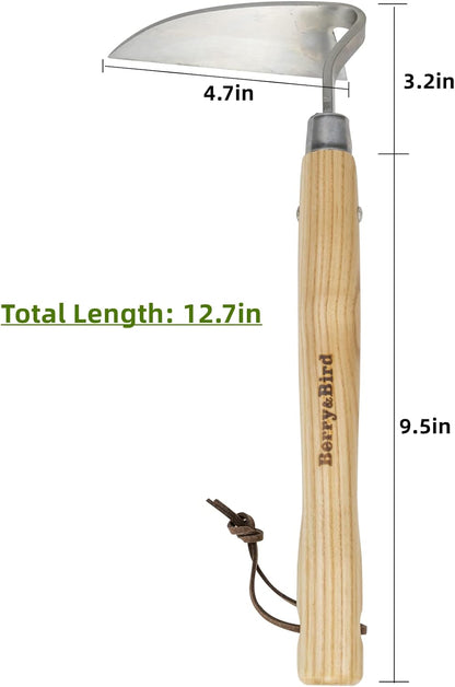 Berry&Bird Japanese Weeder-Scraper-Hoe, 12.67-Inch Gardening Sickle Hoe, Stainless Steel Bent Angle Weeding Sickle, Weeder Hoe with Ergonomic Ash Wood Handle for Weeding, Soil loosening, Digging