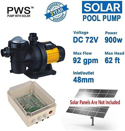 3-Year Warranty Solar Pool Pump 72VDC 1.2HP | Saltwater-Resistant 92GPM Pump for Pools | MPPT Controller & 62ft Head | PWS JP21-19/900