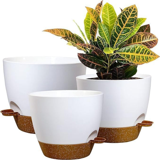 10/9/8 inch Self Watering Pots, Set of 3 Plastic Planters with Mesh Drainage Holes and Deep Reservoir for Indoor Outdoor Garden Plants and Flowers, White with Brown