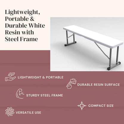 2.75ft Plastic Folding Bench – Lightweight and Portable White Resin with Durable Steel Frame, 33”x8”x16” - (Pack of 1, White, 2.75 Feet)