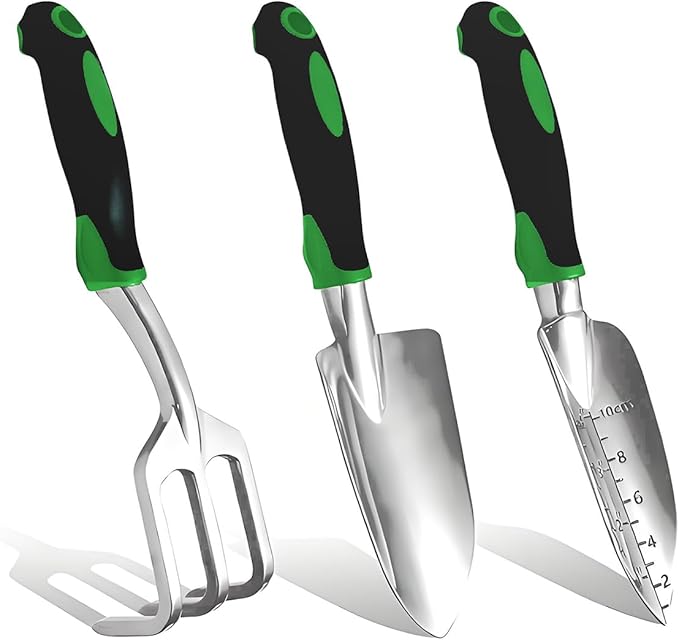 3Pcs Garden Tools, Heavy Duty Cast-Aluminum Garden Tool Set with Hand Trowel, Transplant Trowel, Cultivator Rake, Soft Rubber Ergonomic Non-Slip Handle, Ideal Gardening Gifts for Home Gardeners
