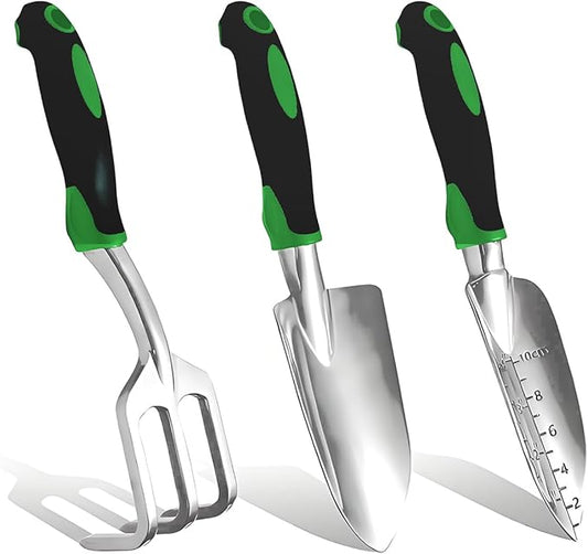 3Pcs Garden Tools, Heavy Duty Cast-Aluminum Garden Tool Set with Hand Trowel, Transplant Trowel, Cultivator Rake, Soft Rubber Ergonomic Non-Slip Handle, Ideal Gardening Gifts for Home Gardeners