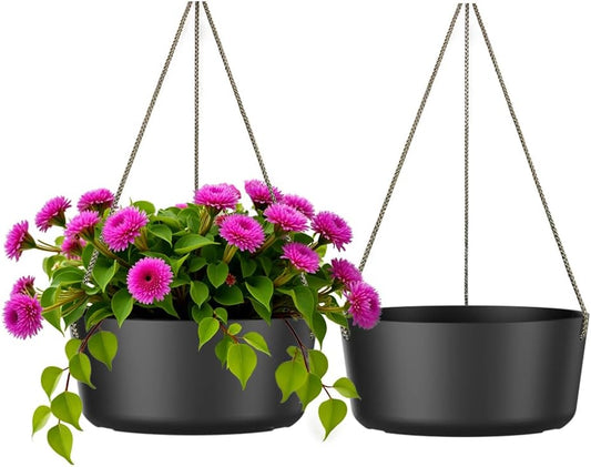 10.7 Inch Hanging Planter for Outdoor Indoor Plants，2 Pack Hanging Flower Pots with Drain Holes for Garden Home Decor Use (Black)