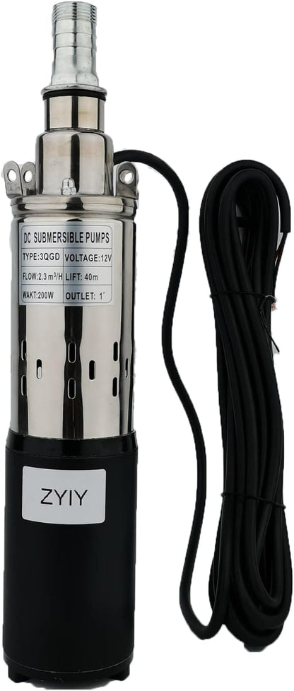 12V Deep Well Submersible Pump 200W DC Solar Power Deep Well Pump 3" Stainless Steel Submersible Well Pump 1"Bore Pump High Lift 131ft Pressure Well Water Pumps for Home,Industrial,Irrigation Use