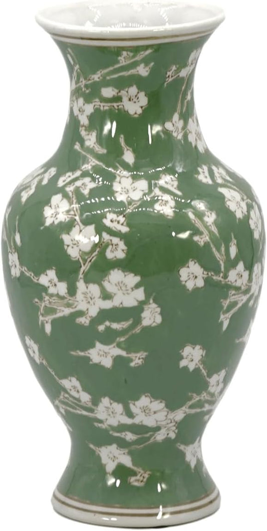 Galt International Floral Chinoiserie Ceramic Vase 14" - Green Sakura Hand Painted Antique Style Porcelain Flower Bottle Fishtail Porcelain Chinese Vase for Home Decor Centerpiece