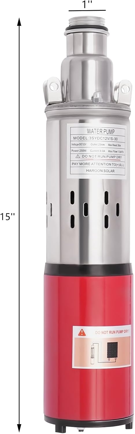 Deep Well Submersible Pump, DC 12V 250W Stainless Steel Water Pump, 6.6GPM Flow, 98ft Lift, for Farm Ranch Irrigation 3500 RPM