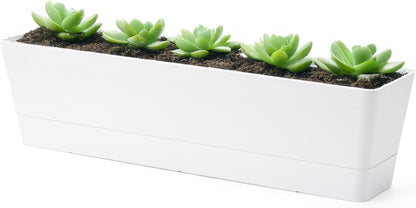GREANER 16x3.8 Inch Window Boxes Planters, 1PCS White Vegetable Herb Planters with Tray, Indoor Succulent Cactus Flowers Plastic Rectangle Pot for Balcony, Office, Garden, Outdoor, Windowsill