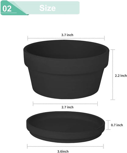 vensovo 3.7 Inch Black Terracotta Shallow Succulent Pots - 6 Pack Terra Cotta Clay Pot with Saucer, Cacuts Indoor and Outdoor Planters with Drainage Hole