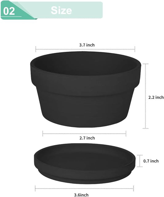 vensovo 3.7 Inch Black Terracotta Shallow Succulent Pots - 6 Pack Terra Cotta Clay Pot with Saucer, Cacuts Indoor and Outdoor Planters with Drainage Hole