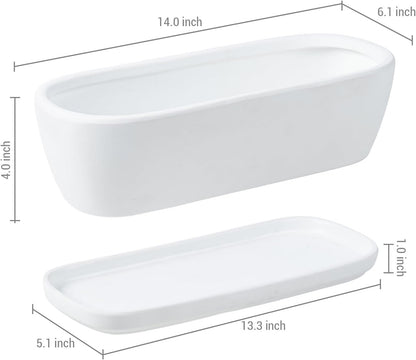 MyGift 14 Inch Oval Modern Matte White Ceramic Succulent Planter Pot with Drainage Hole and Removable Saucer, Decorative Indoor House Plant Container for Flowers, Cactus, Herbs