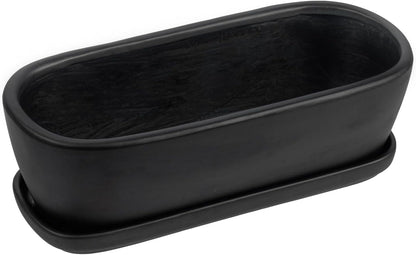 MyGift 14 Inch Oval Modern Matte Black Ceramic Succulent Planter Pot with Drainage Hole and Removable Saucer, Decorative Indoor House Plant Container for Flowers, Cactus, Herbs