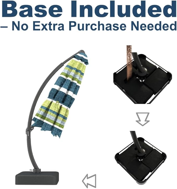 Acrylic Fabric 11FT Cantilever Umbrella with Base Large Curvy Outdoor Aluminum Offset Umbrella w/ 360° Rotation, UV Resistant Canopy for Patio, Garden, Backyard, Green Stripes