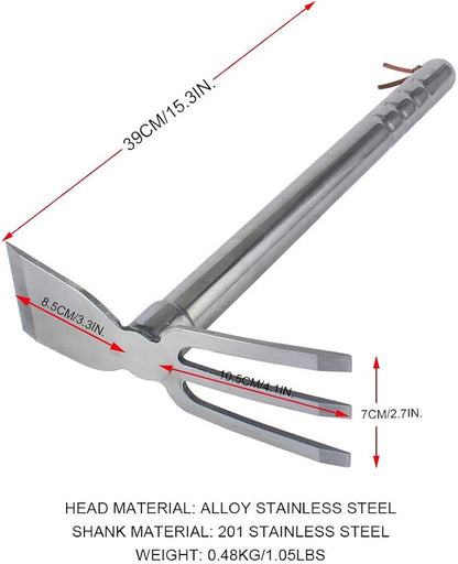 Stainless Steel Garden Hoe Rake Hand Tool, 15" Metal Hand Hoe & 3 Prong Cultivator Dual Headed Gardening Tool for Weeding, Digging, Seeding Multipurpose