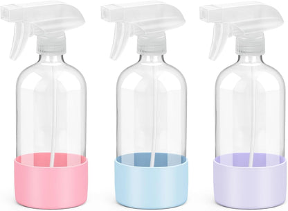 Glass Spray Bottles with Silicone Sleeve Protection, Empty 16 oz Refillable Containers, Reusable Spray Bottles with Adjustable Nozzle for Hair, Cleaning Solutions, 3 Pack Pink&Blue&Purple