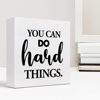 z-crange You Can Do Hard Things Wood Block Sign Desk Decor,Rustic Inspirational Wooden Box Plaque Sign Desk Decor for Home Office Shelf Table Decor Decorations