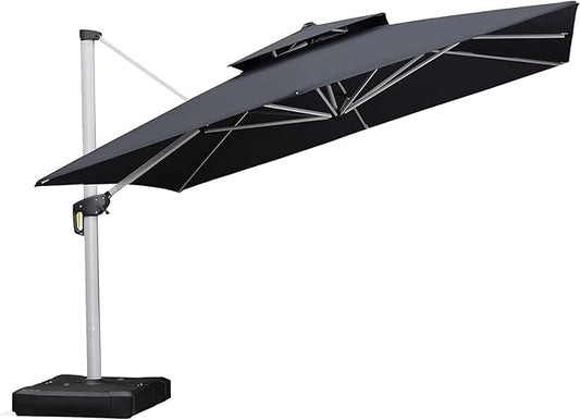 PURPLE LEAF 12 Feet Double Top Deluxe Square Patio Umbrella Offset Hanging Umbrella Cantilever Outdoor Market Garden Umbrella, Grey
