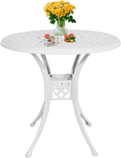 30 inches Patio Table with Umbrella Hole, Round Cast Aluminum Bistro Table for Porch Backyard, White